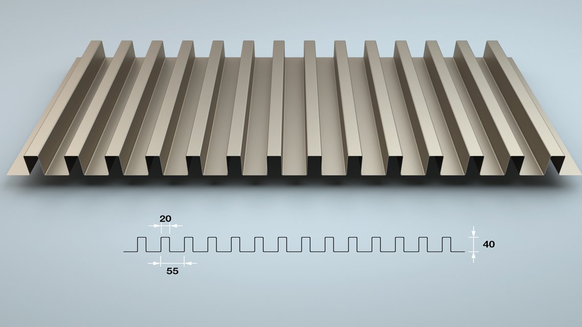 Tôle ondulée SQ 40-20 – Vue générale du panneau métallique - <p>Vue d’ensemble du panneau en tôle ondulée SQ 40-20 présentant son rythme régulier et son relief carré structurant. Adapté aux façades métalliques et plafonds design.</p>