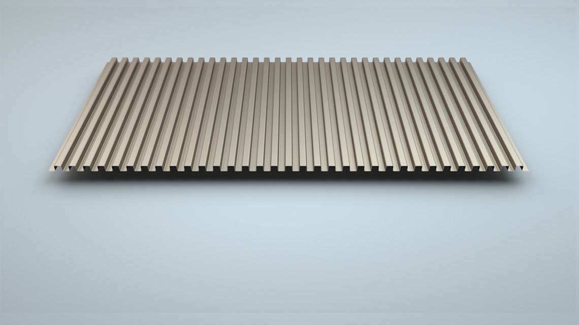 Tôle profilée SQ 12-12 – Vue générale du profil - <p>Vue complète de la tôle profilée SQ 12-12, présentant son ondulation régulière de 12 mm. Un profil fin et contemporain, idéal pour les habillages métalliques, les plafonds design et les panneaux décoratifs architecturaux.</p>