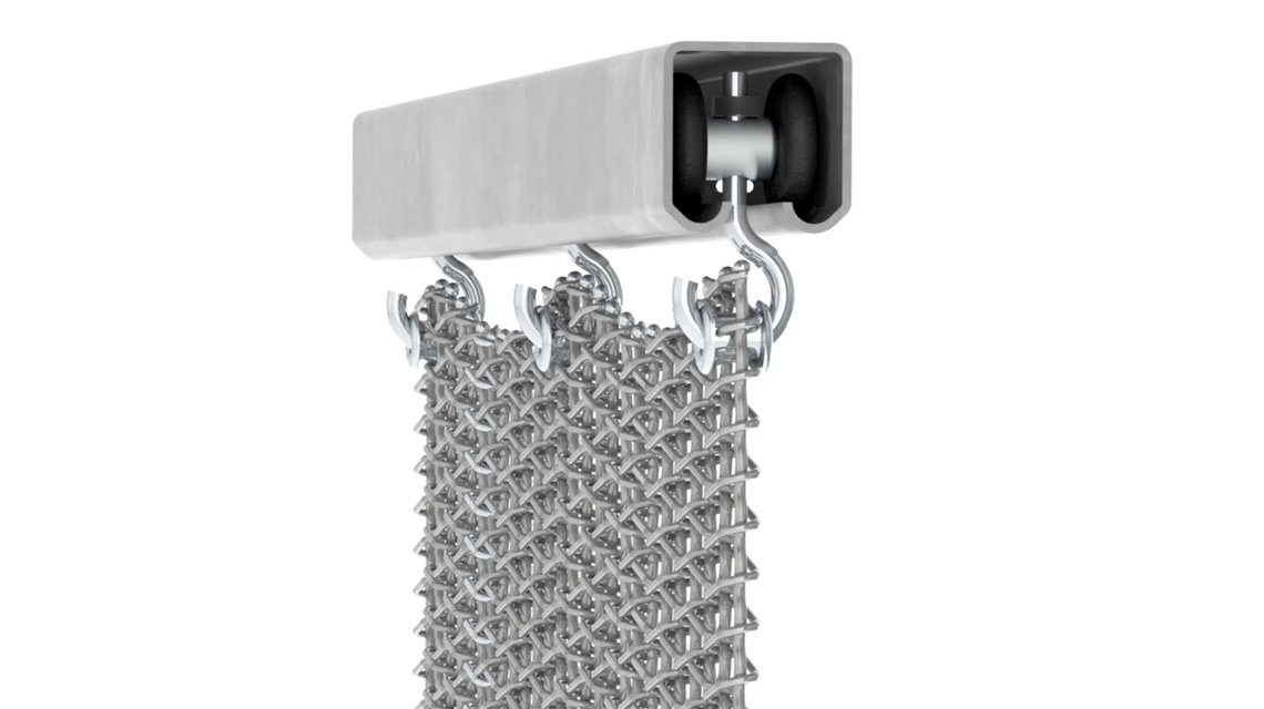 système de fixation sur rail coulissant pour les mailles métalliques spiralées www.maillemetaldesign.fr - <p>système de fixation sur rail coulissant pour les mailles métalliques spiralées <a href=