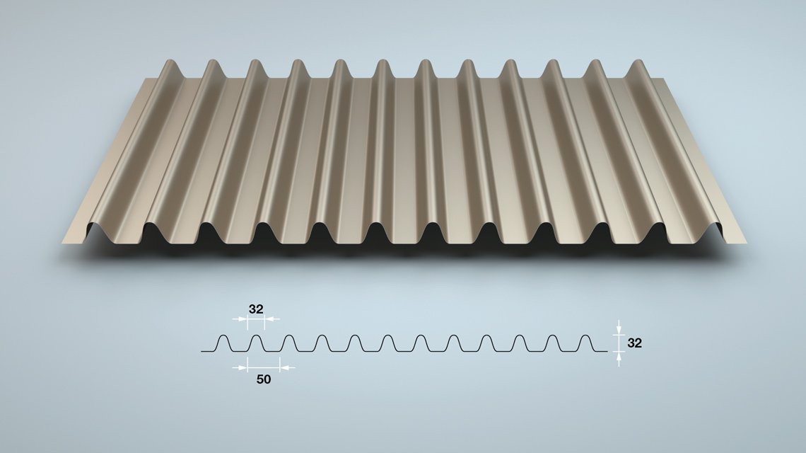 Tôle ondulée SW 32-32 – Perspective avec schéma de section 50/32 - <p>Vue en perspective du panneau SW 32-32 accompagnée de son schéma de section indiquant un pas de 50 mm et une hauteur d’onde de 32 mm. Profil conçu pour les façades ventilées et habillages métalliques grand format.</p>