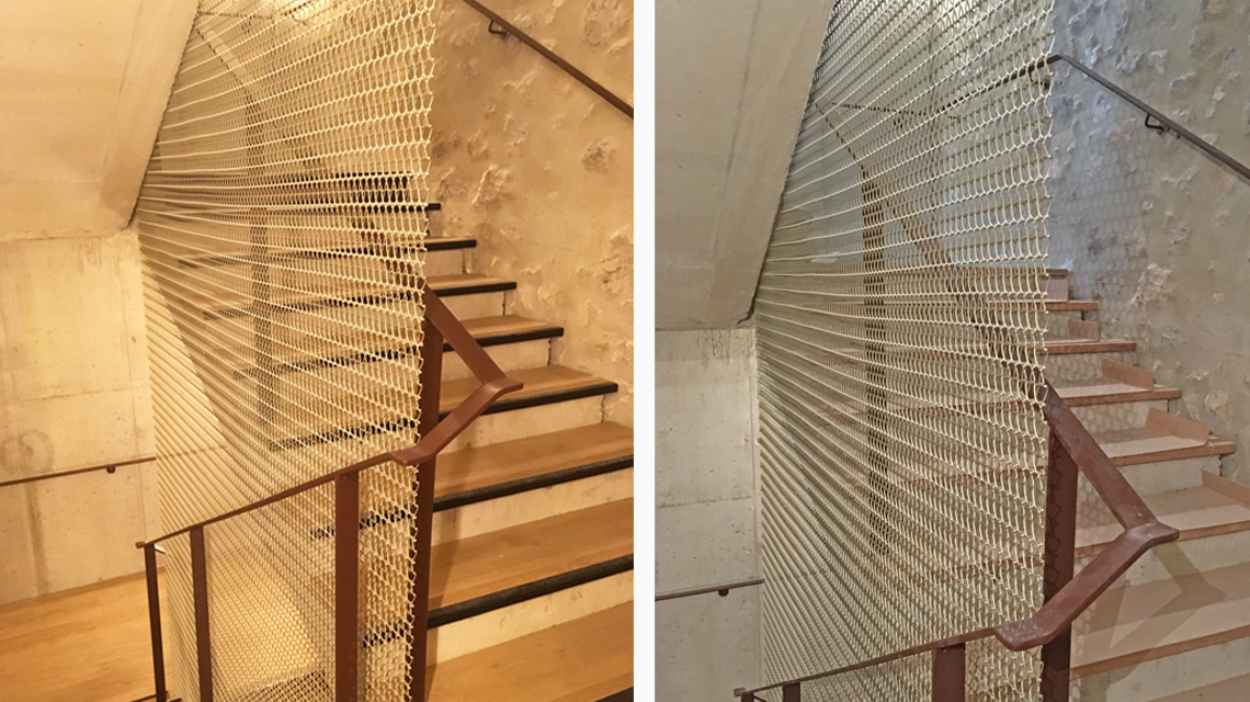 Parement escalier en maille métallique aluminium anodisé champagne TORROJA @maillemetaldesign