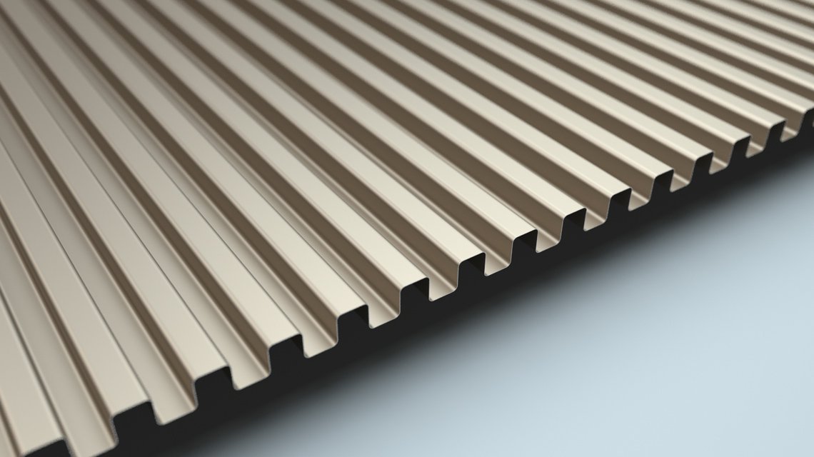 Tôle profilée SQ 12-12 – Perspective du panneau - <p>Perspective du profil SQ 12-12 mettant en valeur la précision de son relief et sa continuité visuelle. Idéal pour les habillages design, les panneaux décoratifs et les plafonds architecturaux.</p>