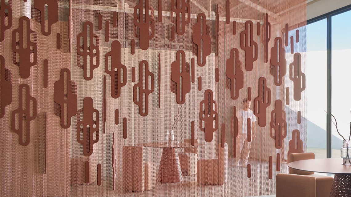 Rideau décoratif acoustique en chaînes aluminium Kriskadecor - <p>Rideau décoratif acoustique en chaînes à maillons aluminium Kriskadecor utilisé dans les projets d’architecture intérieure contemporains.</p>