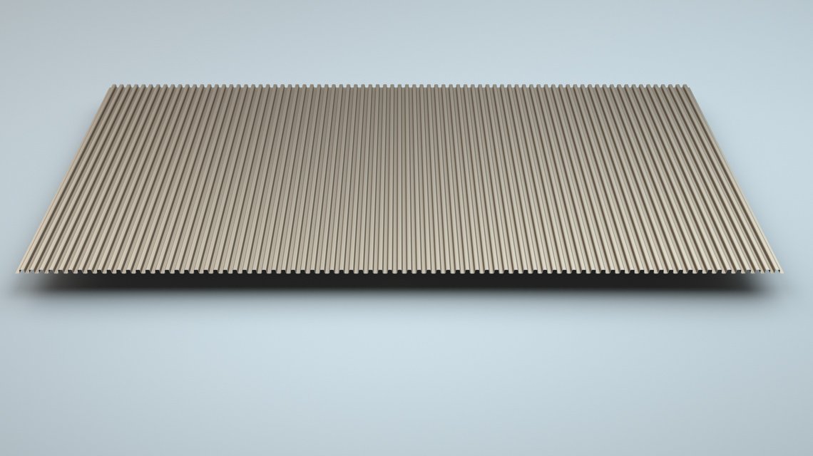 Tôle profilée SQ 5-5 – Perspective - <p>Perspective du profil SQ 5-5 mettant en valeur la finesse de son relief et son rendu visuel continu. Une solution idéale pour les panneaux décoratifs, les murs métalliques design et les plafonds architecturaux.</p>