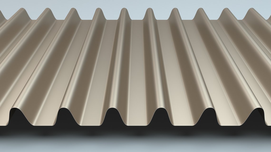 Tôle ondulée SW 32-32 – Détail technique de l'ondulation 32 mm - <p>Vue rapprochée du profil SW 32-32 mettant en évidence son ondulation large de 32 mm et la régularité du pas de 50 mm. Un relief architectural structurant idéal pour façades métalliques contemporaines.</p>